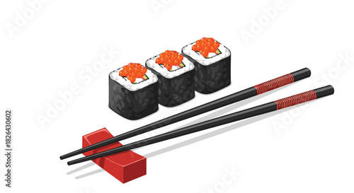 Three delicious maki sushi rolls, topped with glistening orange fish roe, presented with elegant black chopsticks and a red rest.