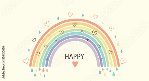 Whimsical pastel rainbow illustration with hearts and 'HAPPY' text, conveying joy, love, and positive feelings.