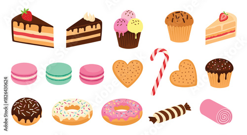 A vibrant assortment of colorful and delicious desserts, including cakes, macarons, doughnuts, muffins, and ice cream, on a white background.