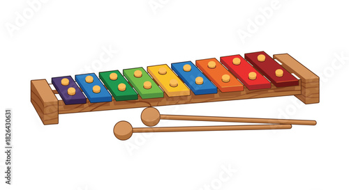 A colorful wooden toy xylophone with eight rainbow-colored bars and two mallets for playing music.