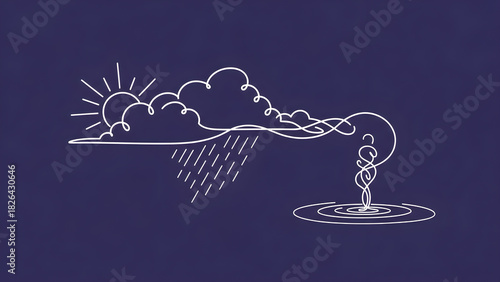 Serene Solitude: A Minimalist Line Art Depicting Reflection and Renewal on Deep Blue Backdrop for Mental Wellness