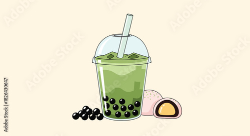 A refreshing matcha bubble tea in a clear cup with a straw, accompanied by sweet tapioca pearls and traditional mochi with a creamy filling.