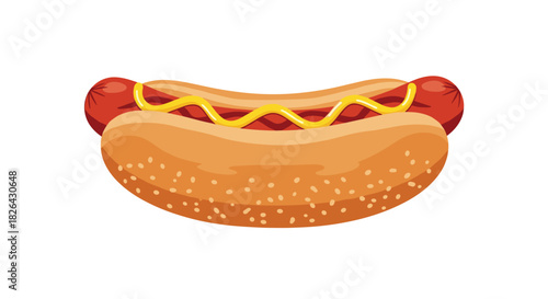A classic hot dog with a juicy frankfurter nestled in a toasted bun, topped with a squiggly line of bright yellow mustard, ready to be enjoyed.