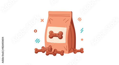 An illustration of a brown dog treat bag with a bone label, surrounded by bone-shaped treats, on a white background.