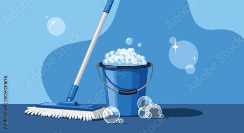 A fresh blue cleaning scene with a mop, a sudsy bucket, and shiny bubbles, symbolizing hygiene and domestic tasks.