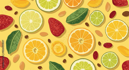 A refreshing and vibrant seamless pattern of assorted fresh and dried fruits, green leaves, and nuts on a cheerful yellow background.