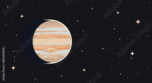A pixel art illustration of the majestic gas giant Jupiter, floating in the dark expanse of space with twinkling stars.
