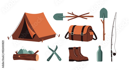A comprehensive collection of essential camping and outdoor adventure gear, including a tent, hiking boots, fishing rod, and other wilderness equipment.