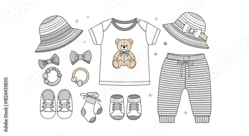 Illustration of baby clothes and accessories, including a teddy bear t-shirt, striped pants, hats, shoes, socks, bows, and rattles.