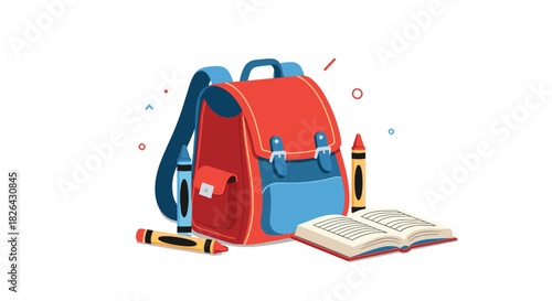 A colorful red and blue school backpack with crayons and an open book, symbolizing education and back to school preparations.