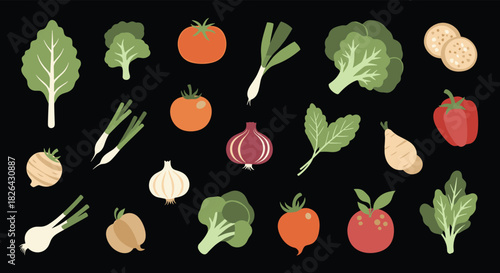 A colorful and varied assortment of fresh, healthy vegetables and produce, depicted in a charming flat design style on a dark background.
