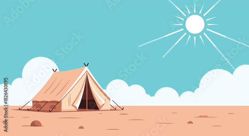 An illustration of a classic tent pitched in a wide-open desert under a bright, radiant sun and scattered white clouds.