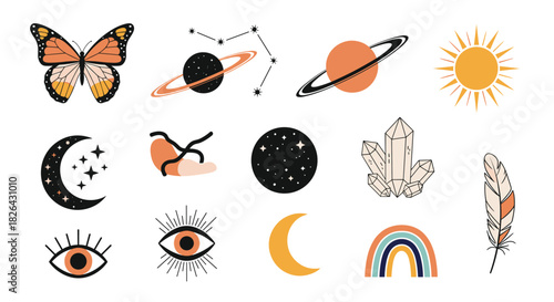 Boho celestial and spiritual icon set featuring planets, sun, moon, stars, butterfly, eyes, crystals, and feather illustrations.