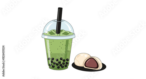 Delicious green bubble tea with boba pearls next to soft mochi desserts, one cut to show its sweet red bean paste filling.