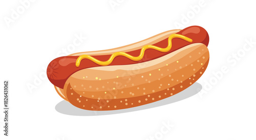 A perfectly prepared classic hot dog in a fluffy bun, topped with a delicious zigzag of yellow mustard, isolated on a clean white background.