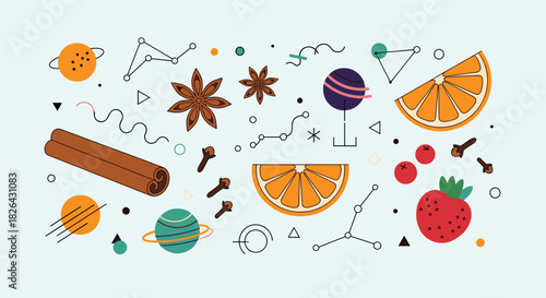 Modern flat lay illustration showcasing aromatic spices, fresh fruits, and abstract celestial and geometric shapes on a light background.