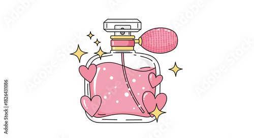 A cute cartoon illustration of a pink perfume bottle with a pump atomizer, surrounded by glittering stars and several pink hearts, on a white background.
