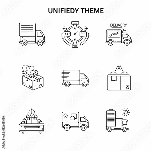 Diverse vector line icons representing delivery, transport, and e-commerce logistics operations