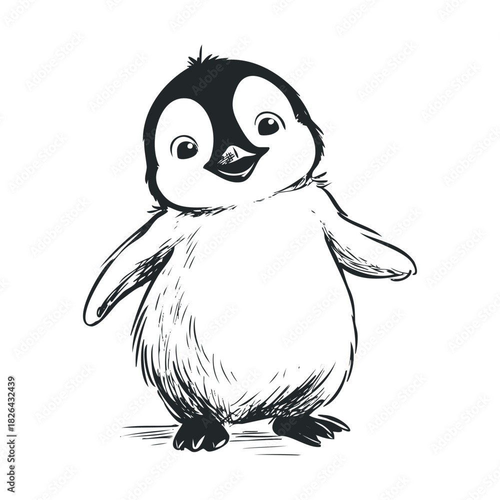 Obraz premium Adorable sketch of a smiling fluffy baby penguin