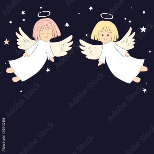 Christmas frame border with cute angels. Xmas holiday background. Vector isolated illustration