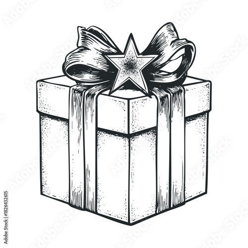 Engraving of a gift box with a bow and star decoration