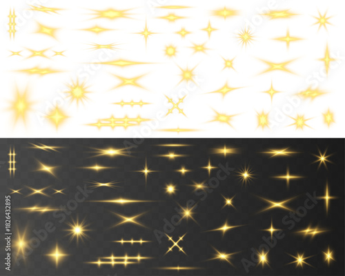Golden set star glows with soft yellow light. PNG. Sparkling particles, dust, bokeh and tiny stars float gently. Radiant light beams extend outward in luminous patterns.