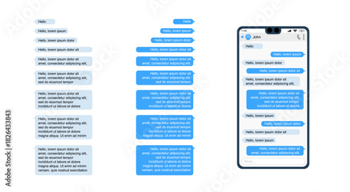 Mobile phone chat messages template. Smartphone chatting isolated element set mockup. Message bubbles set for your design. Chat app vector template.