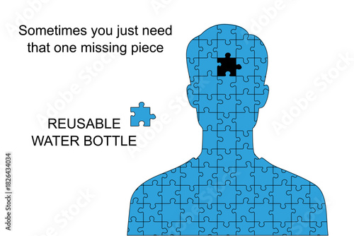 Meme about sustainable and environmentally conscious lifestyle - reusable water bottle. Person with one missing piece. Humor for social media.