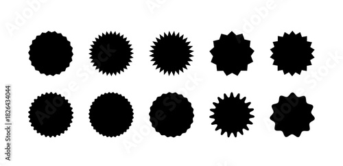 Starburst sticker set. Collection of black sunburst badges, deal tags, price tag or quality seal with wavy edge. Flat design vector elemens.