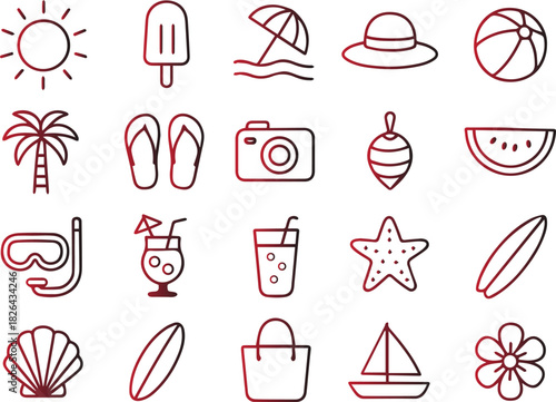 Collection of black line art icons representing various summer vacation and beach holiday elements, isolated on white background