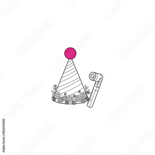 Whimsical hand drawn party hat with pink pom pom and musical notes