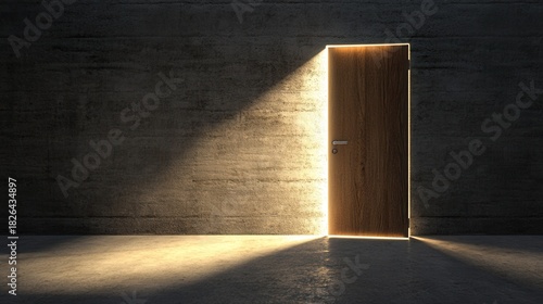 A partially open wooden door casts a warm light beam onto a dark concrete wall and floor, highlighting the contrast between light and shadow.