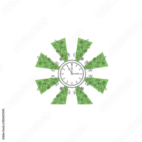 Whimsical windmill with green sails and clock face center illustration