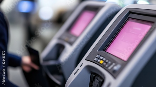 A person interacts with bright pink-screened self-service kiosks in a modern, well-lit environment.