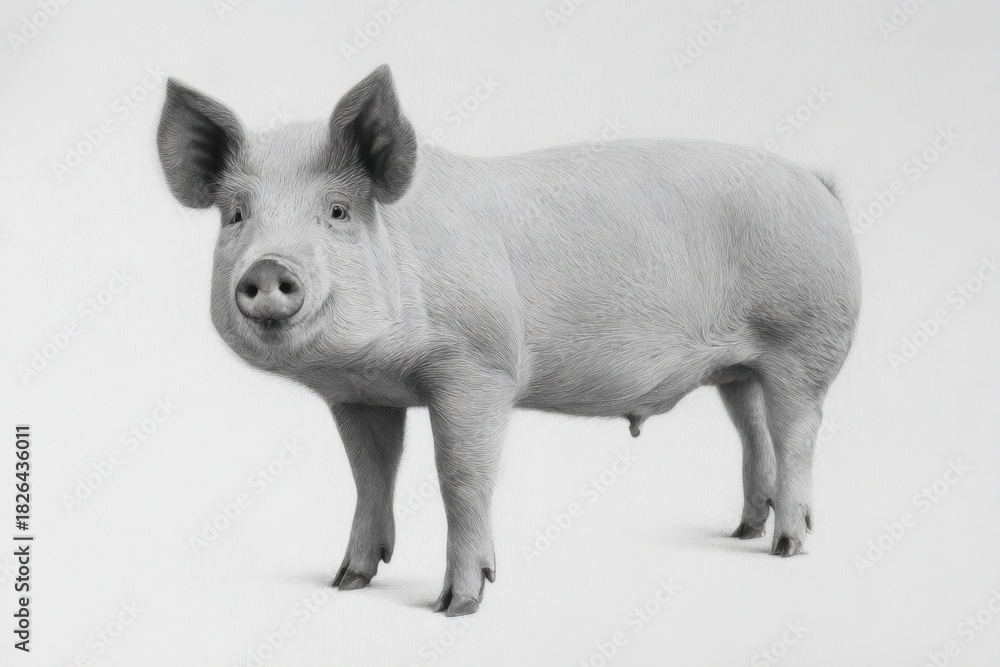 Fototapeta premium Realistic portrait of a standing pig with detailed texture on white background
