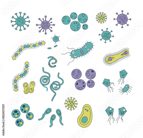 Group of cartoon microbes, bacteria, and virus cells