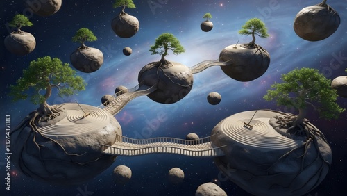 Fototapeta Naklejka Na Ścianę i Meble -  “futuristic floating islands with advanced space station, cosmic environment, sci-fi structures, dramatic lighting, ultra-detailed imaginative world”