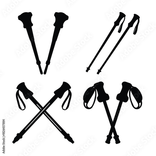 Vector silhouettes of hiking and trekking poles set, isolated