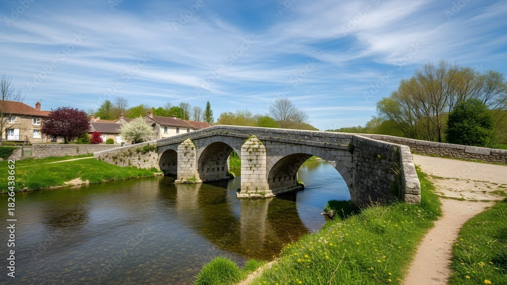 Fototapeta premium Medieval bridge over river in moret sur loing france on a sunny day