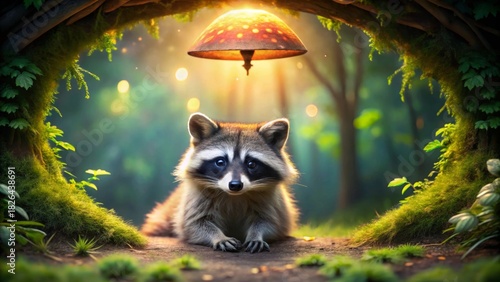 A curious raccoon rests peacefully beneath a luminous mushroom in a mystical forest scene, bathed in the soft glow of sunlight filtering through the ancient trees.