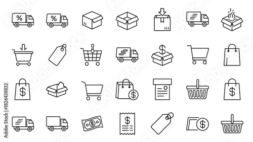 E-commerce, Shopping and Delivery Thin Line Vector Icons Set