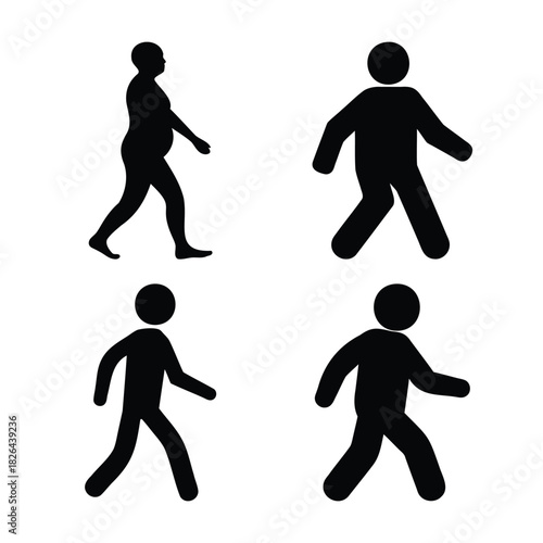 Walking human silhouettes vector icon set, diverse movement.