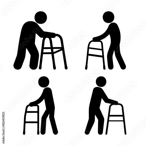 Elderly people using walkers for mobility assistance icons