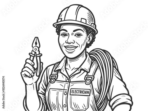 smiling female electrician wearing a hard hat and overalls, carrying coiled cable sketch engraving generative ai fictional character vector illustration. Scratch board imitation. Black and white image