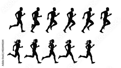 Running Man and Woman Silhouettes Set - Various Sprint and Jogging Poses for Fitness and Sports Animation or Icon Design