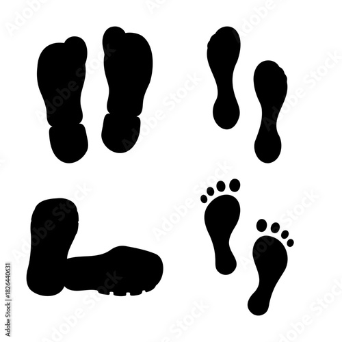 Set of black human foot and shoe prints on white background