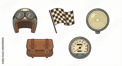 A set of vintage motorcycle icons featuring a helmet, checkered flag, and speedometer