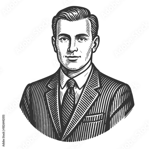 confident young man in a suit, representing professionalism, leadership, and success sketch engraving generative ai fictional character vector illustration. Scratch board imitation. Black and white.