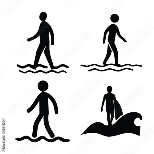 People in water icons set. swimmer and surfer silhouettes.