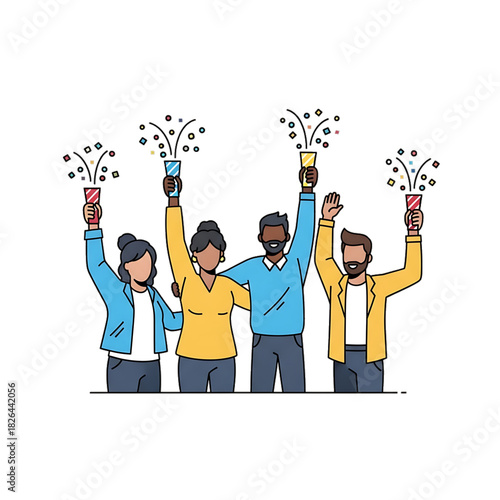 Group cheering and throwing confetti into the air.
